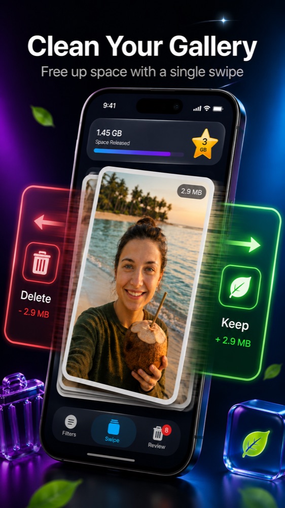 Swipy's swipe stack — swipe to keep or delete photos and free up storage.