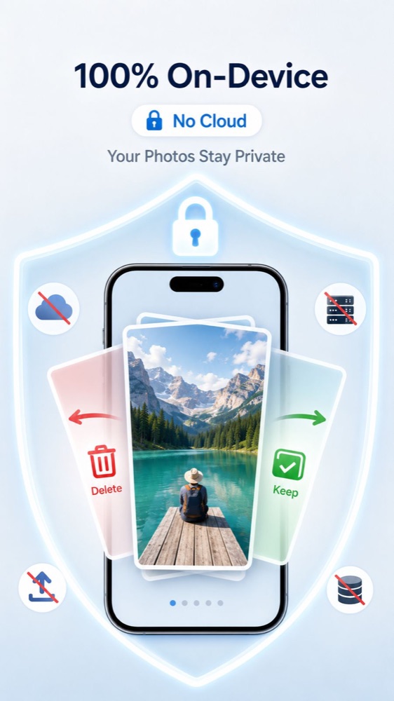 Swipy processes all photo analysis on-device — no cloud, no uploads.