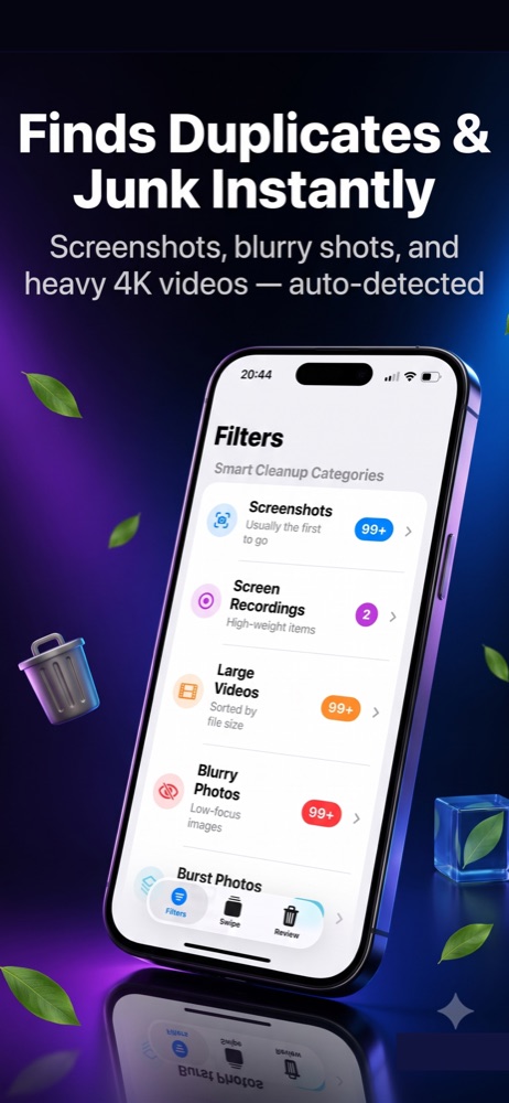 Swipy's Smart Filters screen — screenshots, screen recordings, large videos, and blurry photos auto-detected.